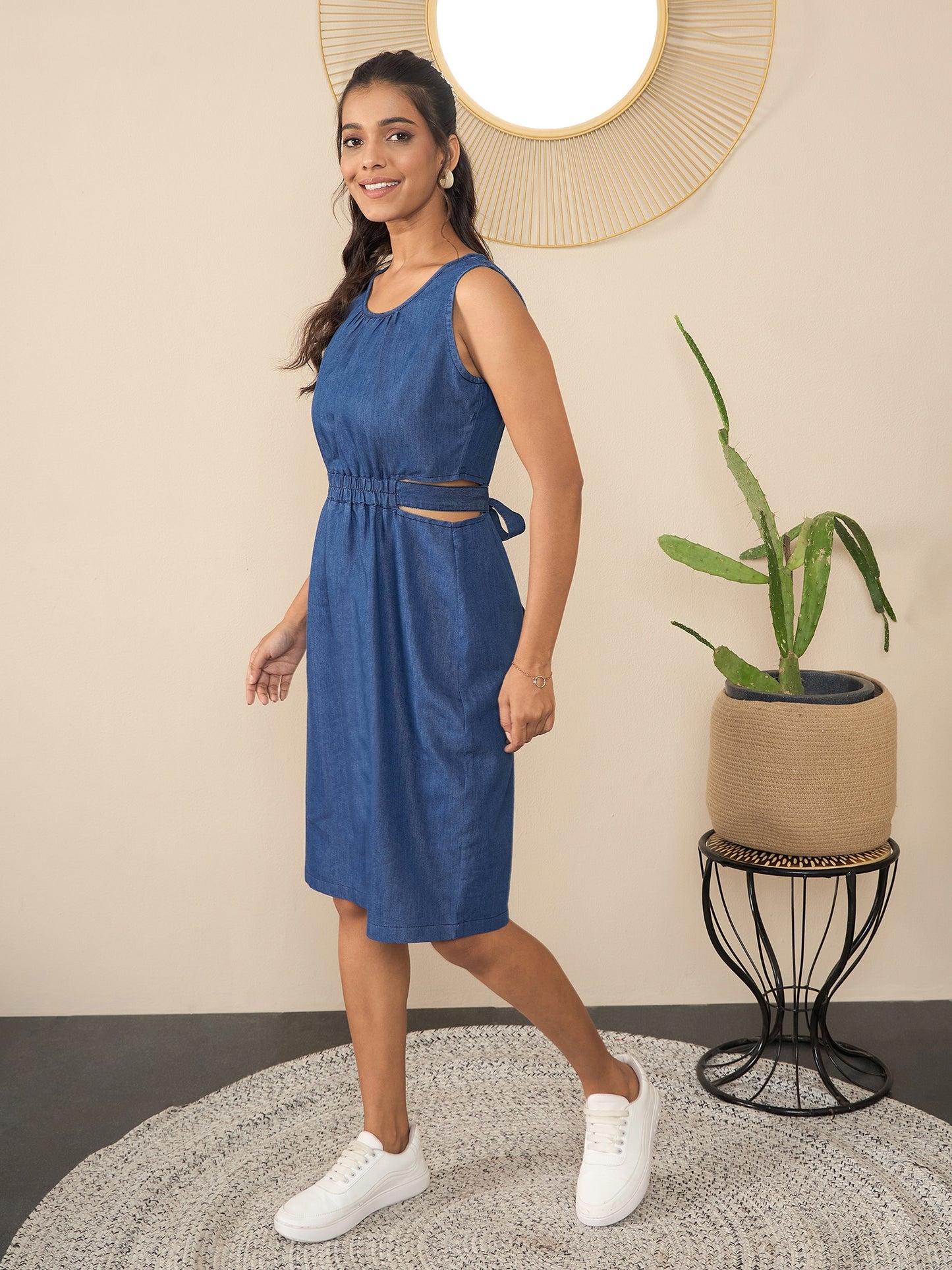 Women's Denim Waist Tie Up Skater Dress