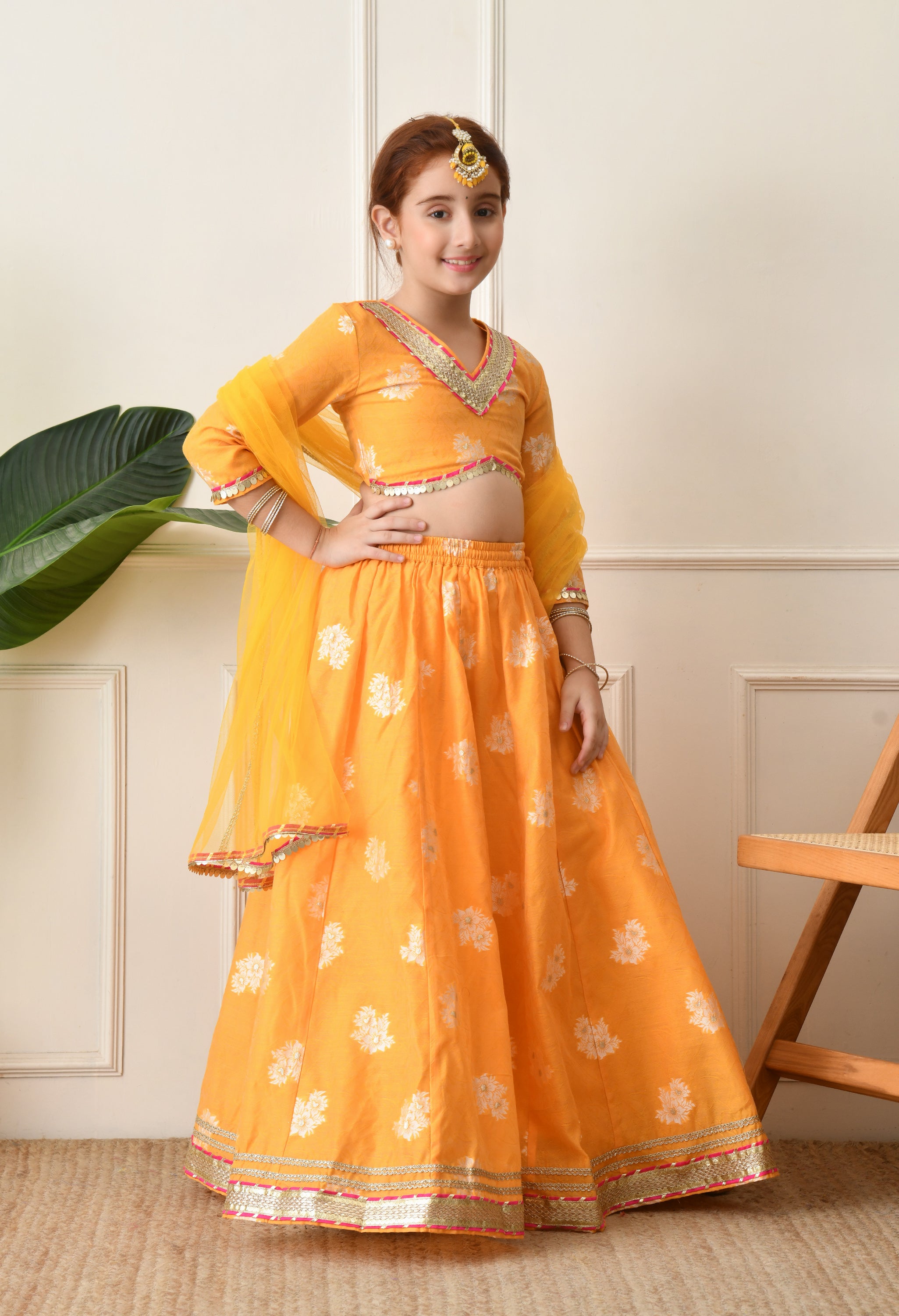 Girls Mustard Yellow Embroidered Lehenga Choli Set with Net Dupatta
