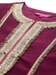 Women Wine Zari Lace Embellished Anarkali Kurta With Trousers And Tissue Dupatta.