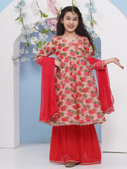 Girls Red Floral Printed Angrakha Kurta with Sharara with dupatta