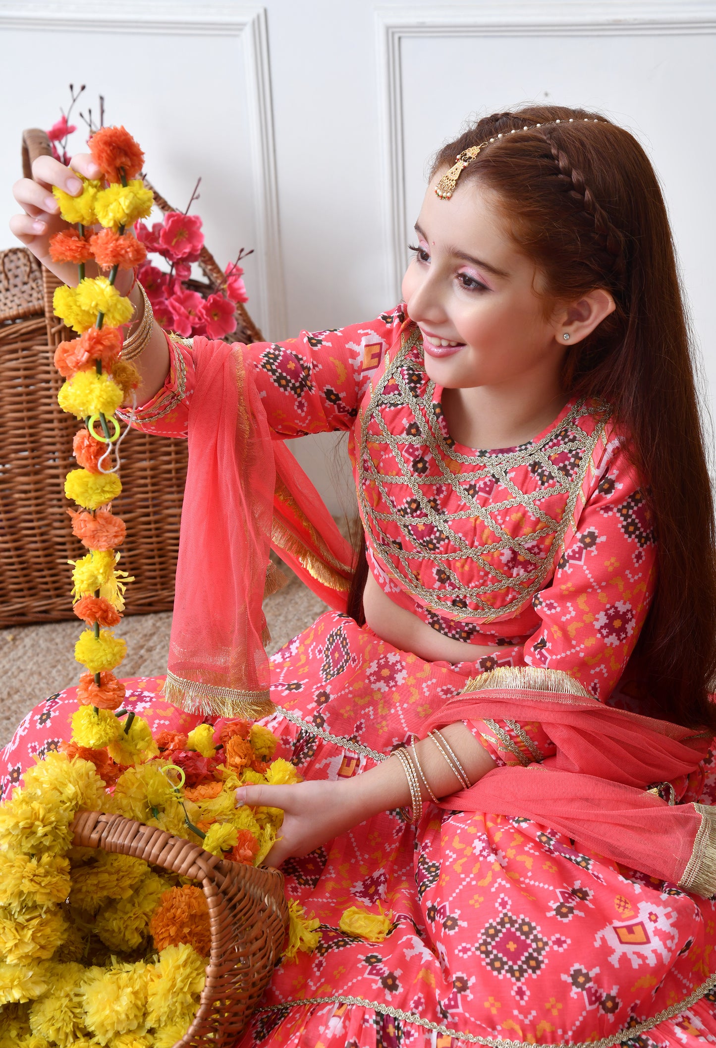Girls Peach Printed Lehenga Choli Set with Embroidered Yoke and Dupatta