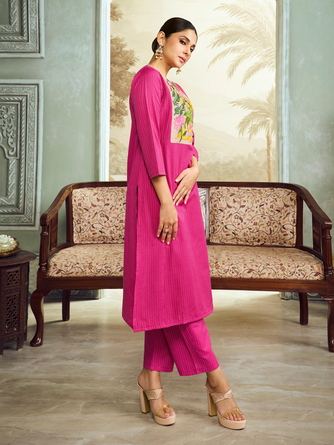 Pink Embroidered Yoke Straight Kurta Set.