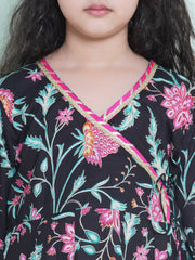 Girls Black Floral Printed Angrakha Kurta with Sharara