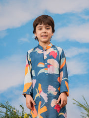 Boys' Multi Color Base Blue Kurta Pyjama Set