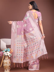 Elegant Olive Green Linen Cotton Saree with Zari Border & Woven Motifs – Perfect for Sophisticated Everyday & Festive Looks