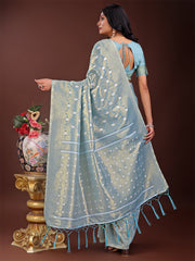 Elegant Light Green Linen Saree with Silver Zari Butta & Pallu – Daily Wear | Festive Look | Soft Feel