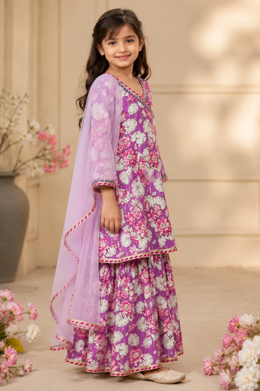 Girls Purple Floral Printed Kurta With Sharara And Pink Dupatta