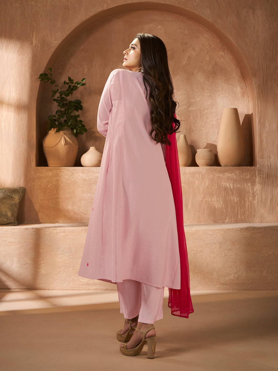 Peach Floral Embroidery Kurta Set with Dupatta
