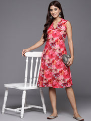Varanga Women Pink Floral Printed Sleeveless A Line Dress.