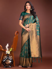 Teal Blue Linen Cotton Saree with Golden Zari Leaf Woven Design & Rich Pallu – Festive Wear | Office Look | Soft Drape