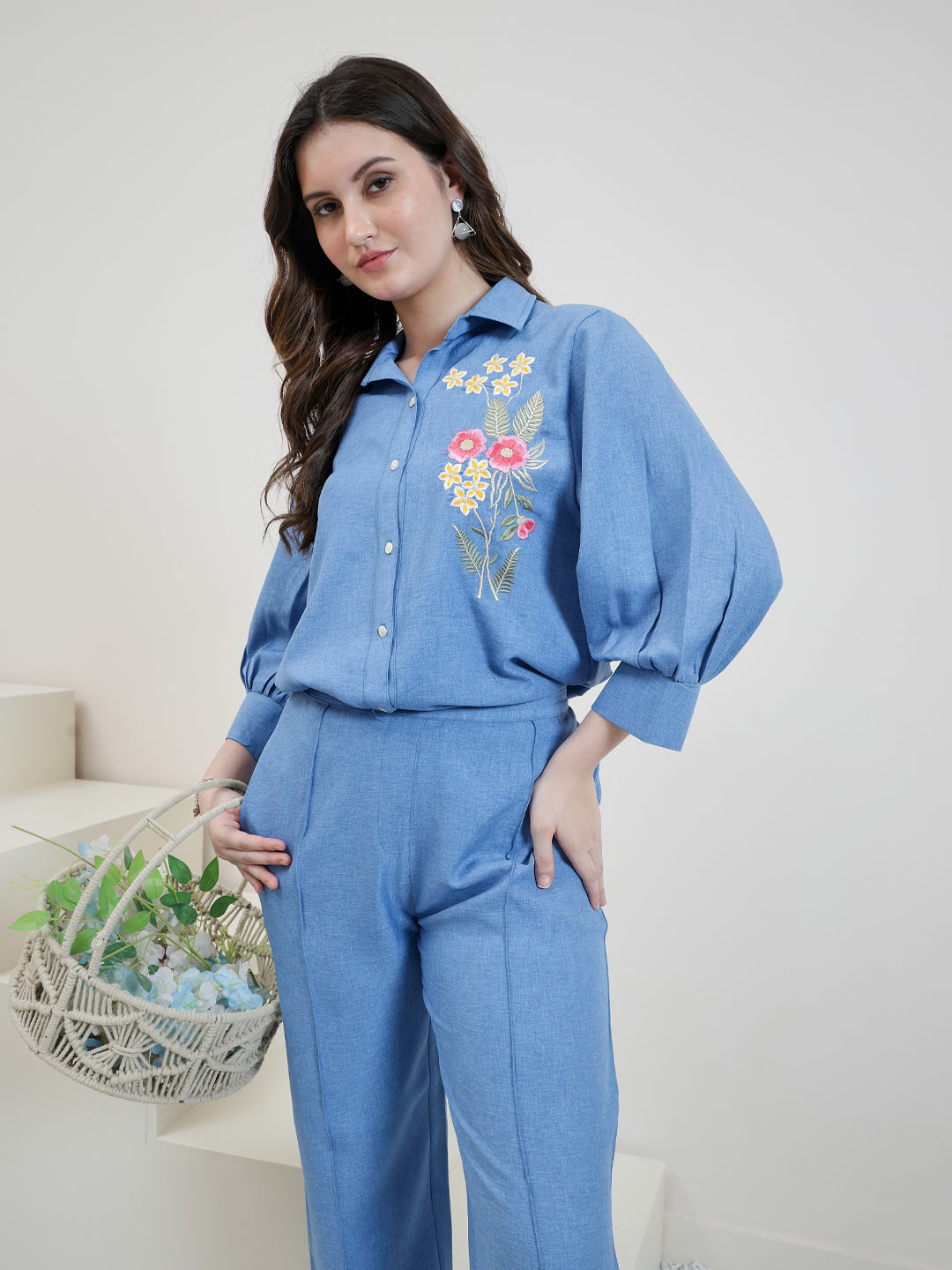 Embroidered Linen Shirt With Trousers