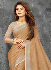 Elegant Peach Woven Linen Saree with Contrast Zari Border & Tassels – Soft & Breathable Party Wear