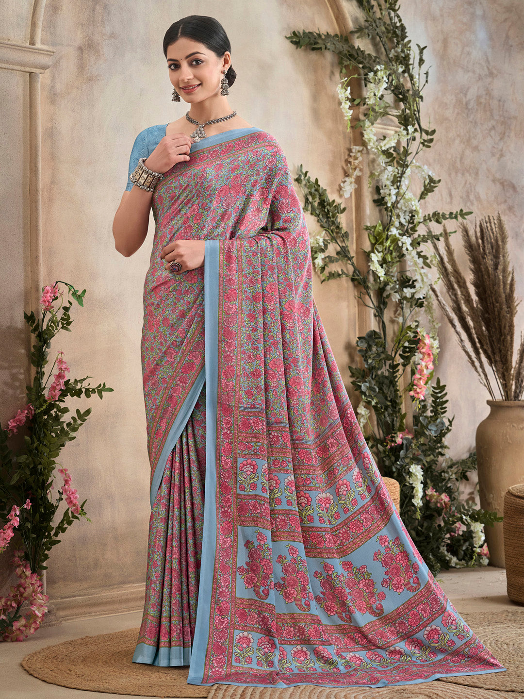 ساري نسائي رمادي مطبوع من الكريب مع قطعة بلوزة