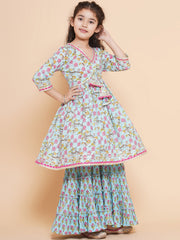 Girls Blue Floral Printed Alia Design Kurta With Sharara