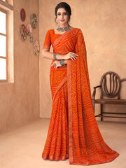 Women's Chiffon Orange Embellished DesignerSaree With Blouse Piece