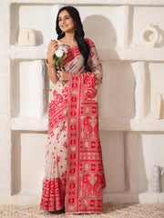 Elegant Woven Linen Cotton Saree for Durga Puja & Diwali | Ethnic Motif Design with Rich Zari Border | Soft, Breathable, Festive-Ready Traditional Drape