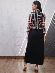 Geometric Printed Embellished V-Neck Sheath Dress With Jacket