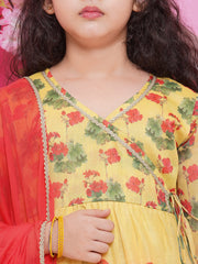 Girls Yellow Floral Printed Angrakha Kurta with Sharara with dupatta