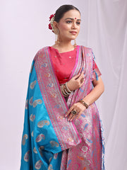 Banarasi Silk Saree with Silver Zari Border & Paisley Design - Festive Wedding Wear | Elegant Traditional Pallu | Soft Silk Finish for Women | Cultural Ethnic Saree