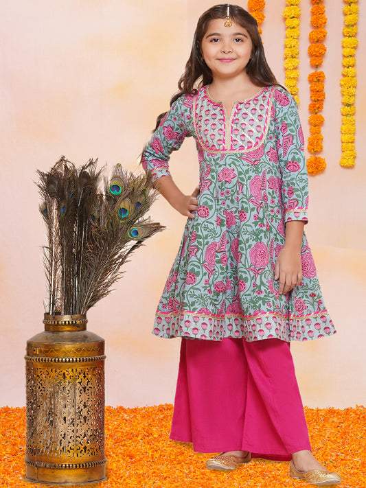 Girls Blue Pink Printed Anarkali Kurta & Palazzos