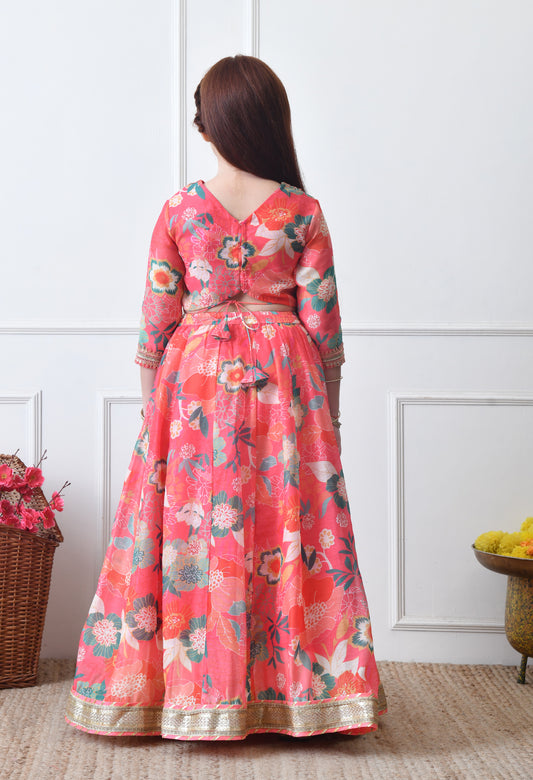 Girls Coral Floral Printed Lehenga Choli Set with Net Dupatta