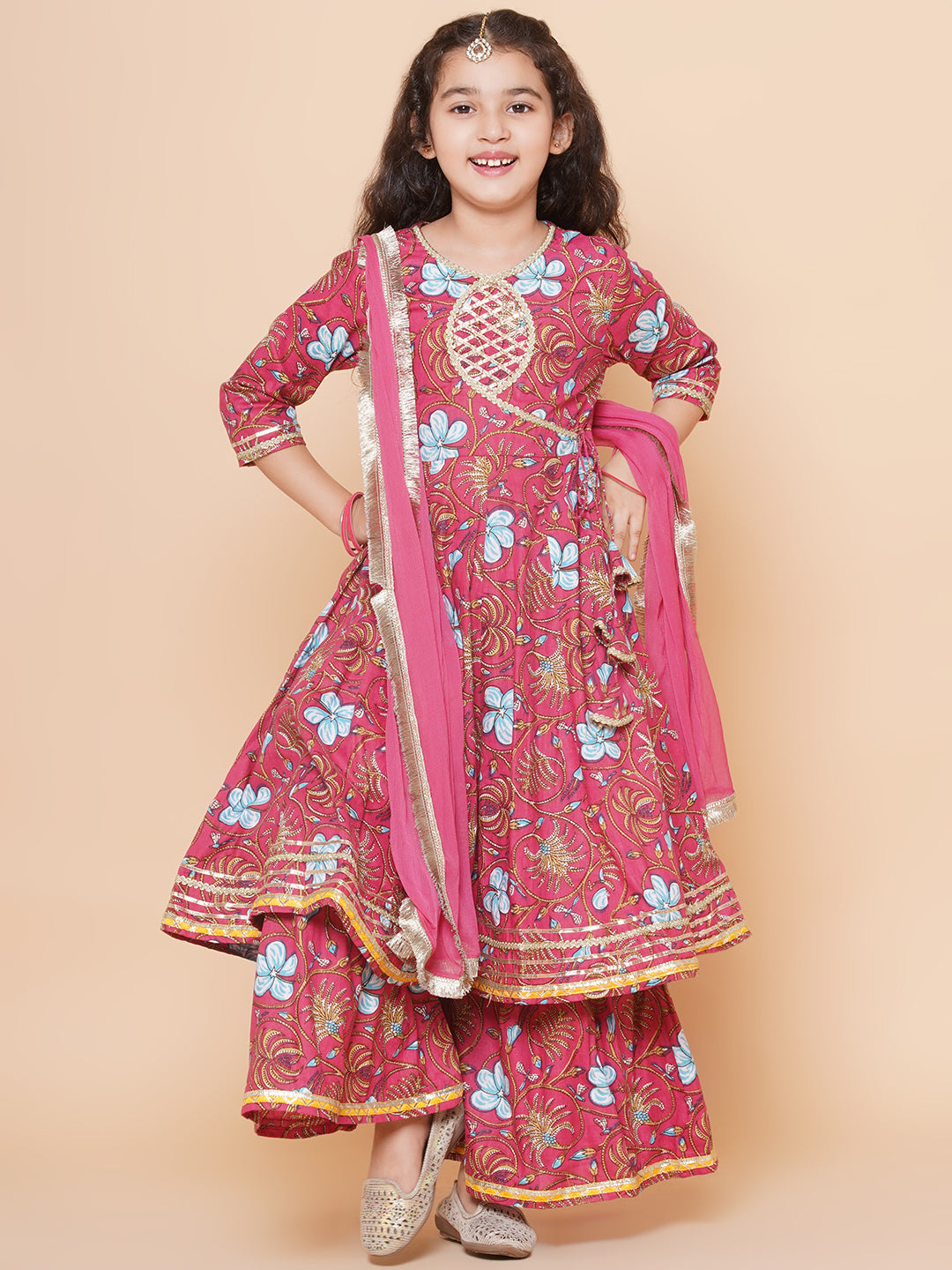 cotton Woven Three-Quarter Sleeves Floral Print Flared Kurta And Sharara With Dupatta Set - Pink
