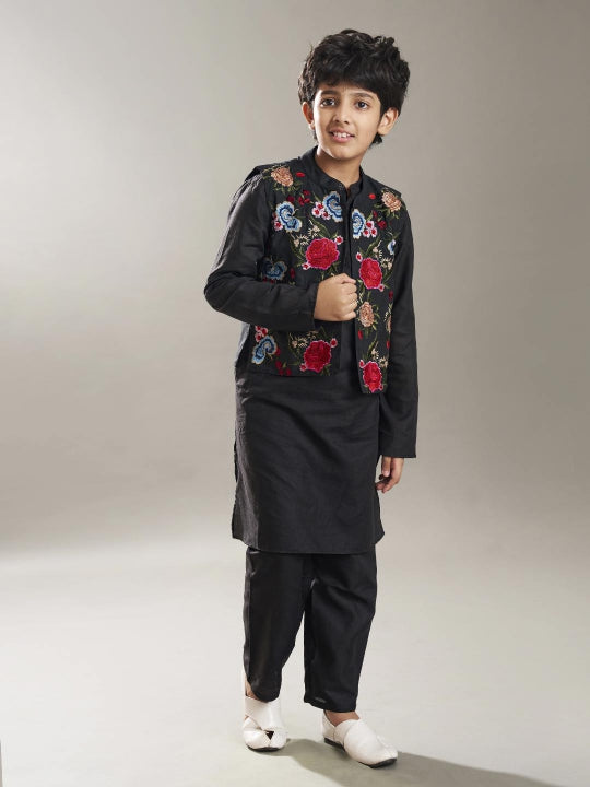 Boys Black kurta matching pajama with a black embroidry jacket