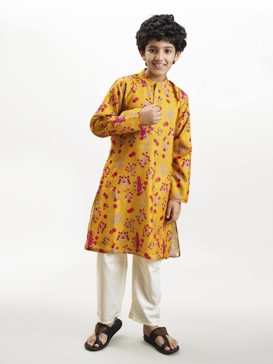 Boys yellow & red kurta with a white pajama