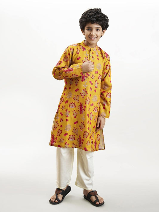Boys yellow & red kurta with a white pajama