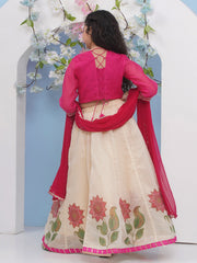 Girls Pink & Beige Flower Printed with Embroidered Choli, Beige Flower Printed Lace work Lehenga with Dupatta