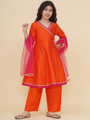 Solid Three-Fourth Sleeves Above Knee Length Silk Kurta & Trousers With Dupatta - Orange