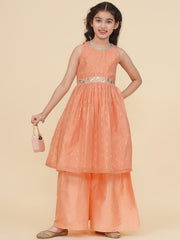 Girls Peach Self design Kurta with Sharara