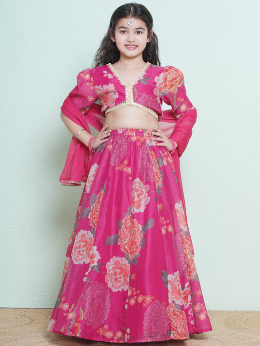 Girls Pink & Green Multi Printededed Ready to wear Lehenga & Choli with Dupatta