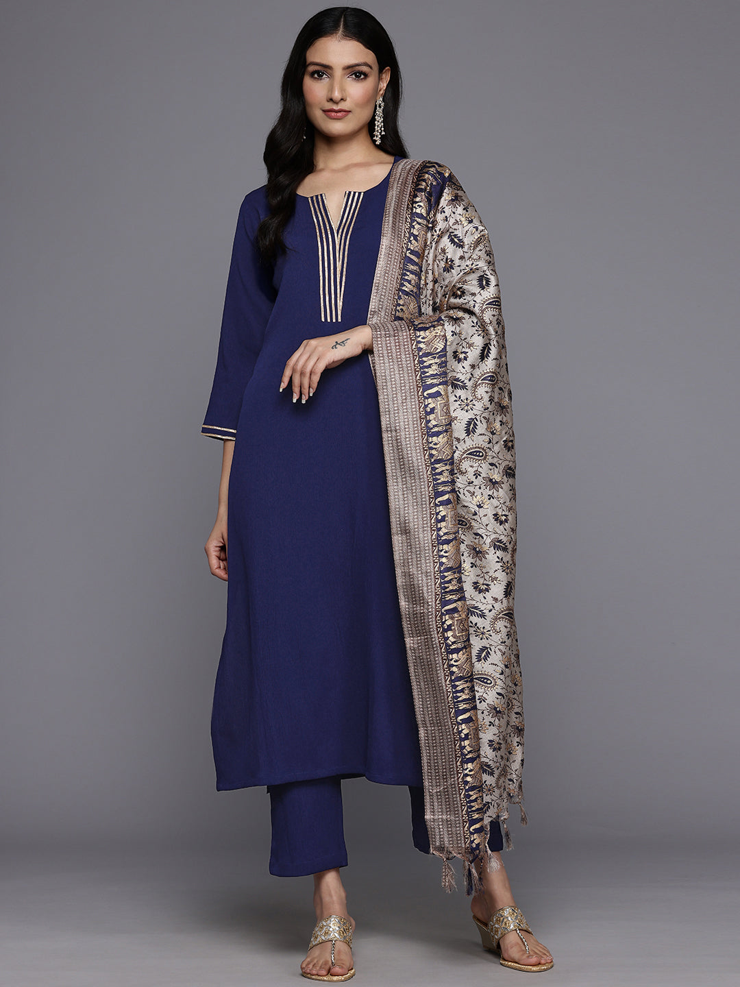 Women Navy Blue Round Neck Gotta Embellished Straight Kurta Paired With Printed Dupatta  And Tonal  Bottom