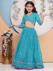 Girls Sea Green & Pink Embroidered Choli, Ready to Wear Lehenga with Dupatta