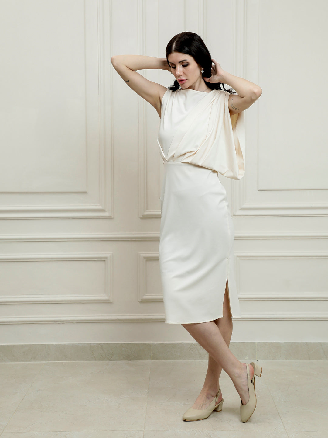 Women Solid Cream Boat Neck Sheath Midi Dress