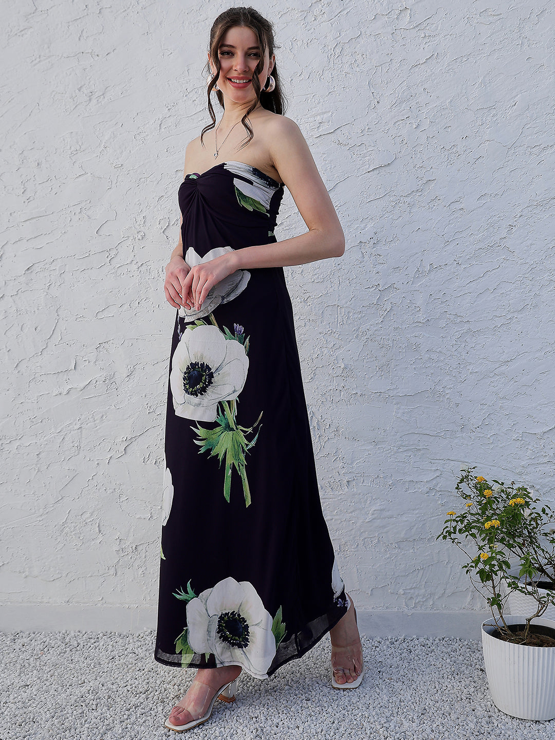 Black Floral Printed Strapless Maxi Dress