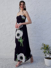 Black Floral Printed Strapless Maxi Dress