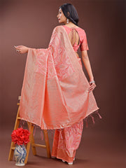 Peach Pink Linen Cotton Saree with Golden Zari Leaf Design & Elegant Pallu – Festive | Office | Daily Wear