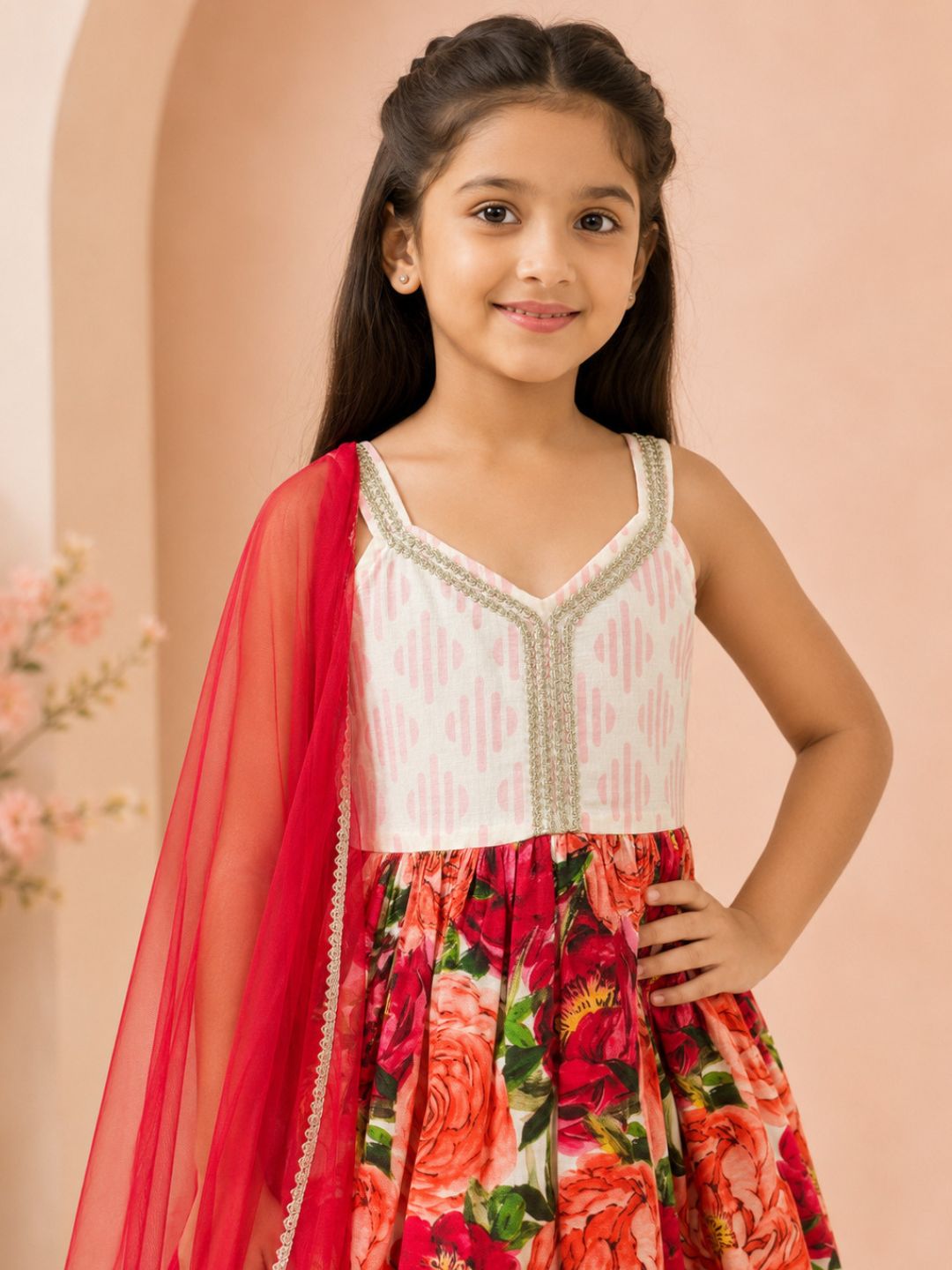 Girls Floral printed Kurta with Sharara and Red Dupatta