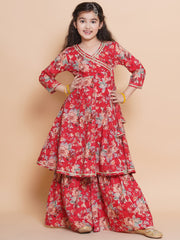 Girls Red Floral Printed Angrakha Kurta with Sharara