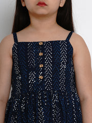 Cotton Blend Woven Sleeveless Self Design Flared Frock - Blue