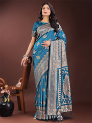 Graceful Royal Blue Banarasi Silk Saree with Silver Zari – Perfect Ethnic Wear for Weddings & Festive Moments