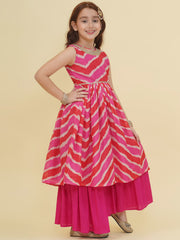 Girls Pink Leheriya Printed Kurta with Sharara