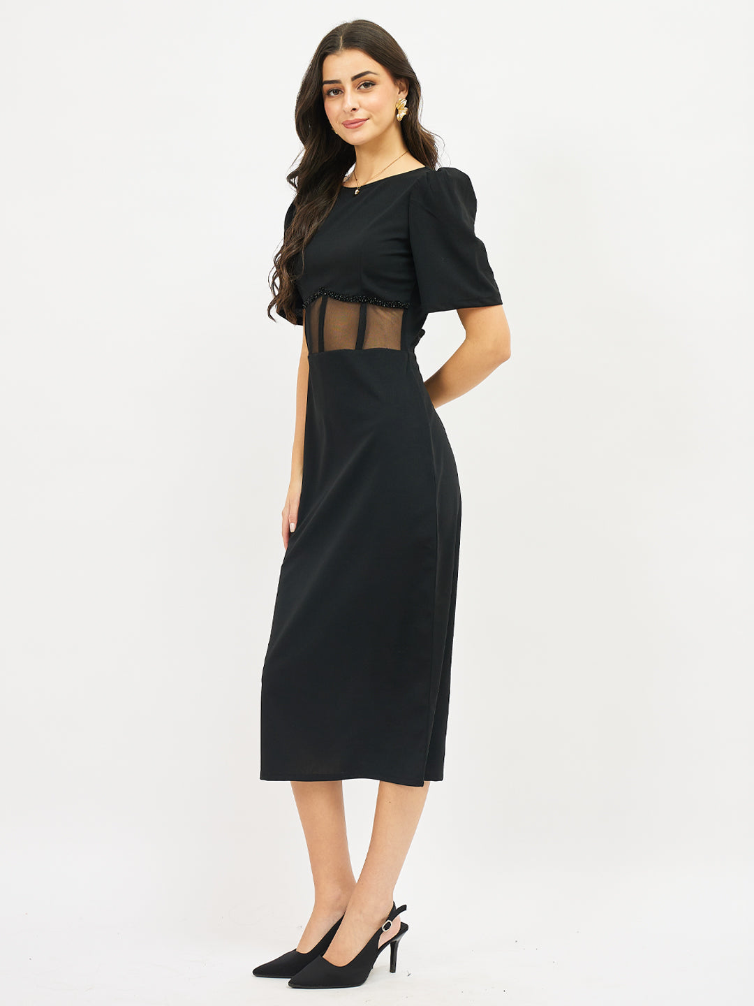 Puff Sleeve Scuba Bodycon Midi Dress