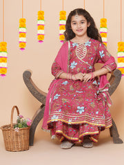 cotton Woven Three-Quarter Sleeves Floral Print Flared Kurta And Sharara With Dupatta Set - Pink