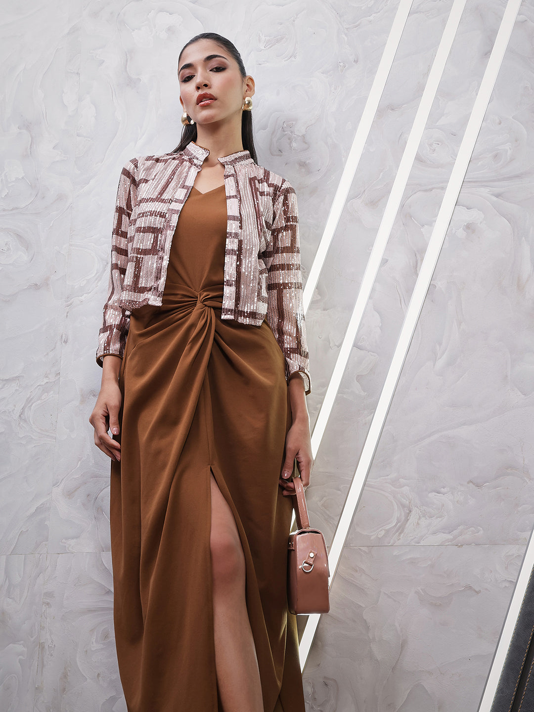 Embroidered Knotting A-Line Dress with Jacket