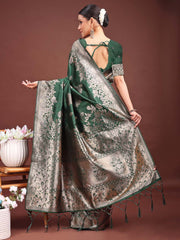 Emerald Banarasi Silk Saree with Zari Floral Work - Elegance Woven in Every Thread