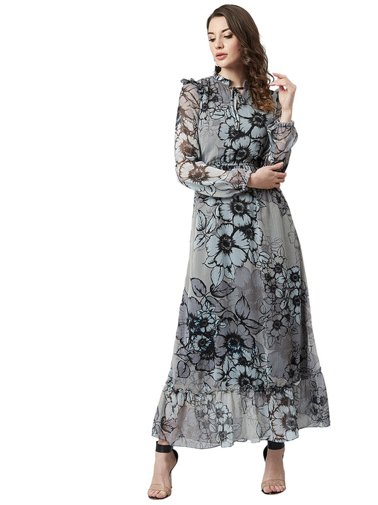 Grey & Black Floral Printed Maxi Dress