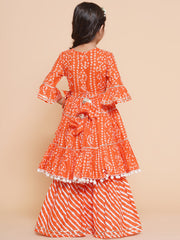 Placement Print Three-Fourth Sleeves Knee length Cotton Kurta With Sharara - Orange